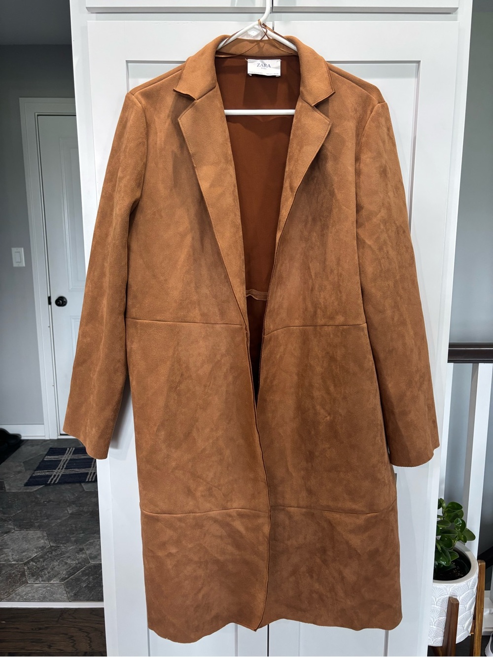 Zara Basic Womens Cognac Tan Faux Suede Long Trench Coat Brown Large